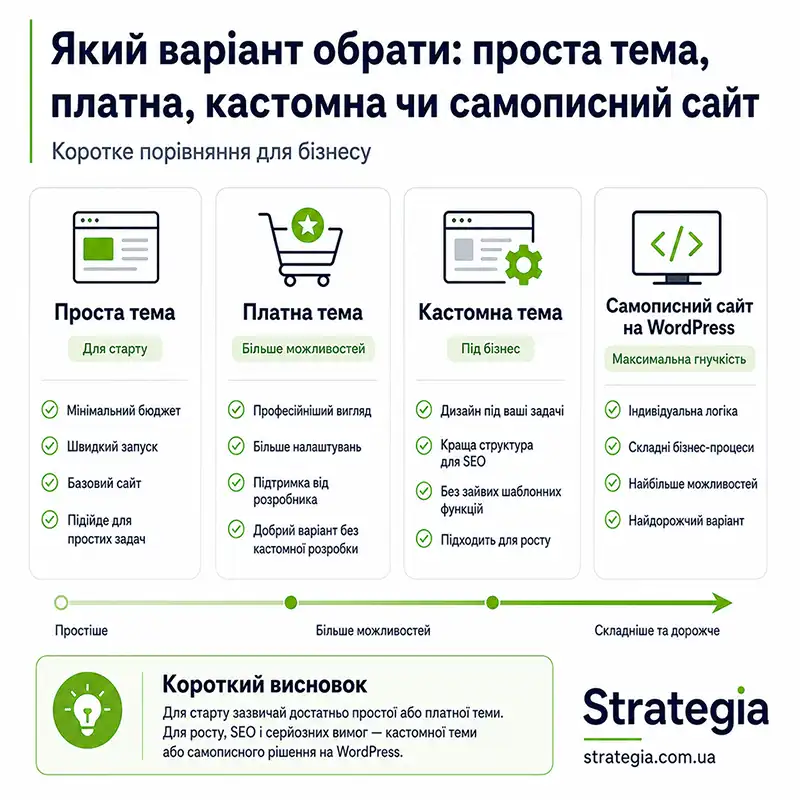 Який варіант обрати wordpess: проста тема, платна, кастомна чи самописний сайт