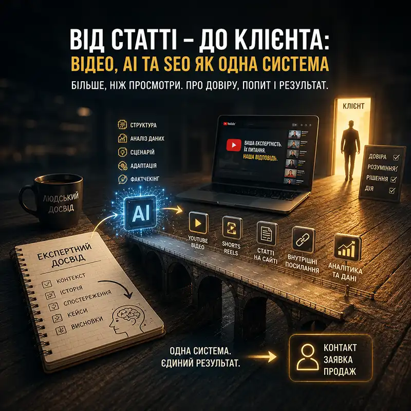 Схема синергії сайту, SEO, YouTube, AI та аналітики