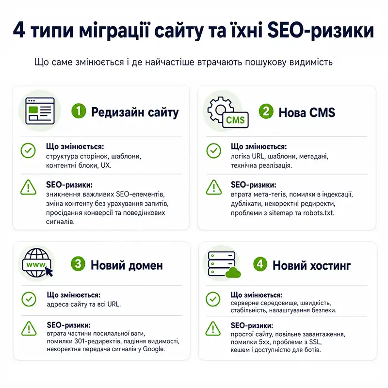 Порівняння ризиків редизайну, зміни CMS, домену та хостингу
